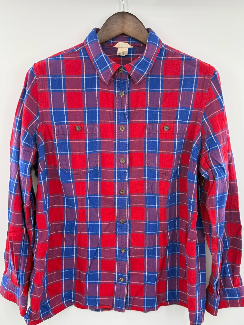 Duluth Trading Co Womens XL Red Blue Plaid Cotton Flannel Button Up Shirt Cozy